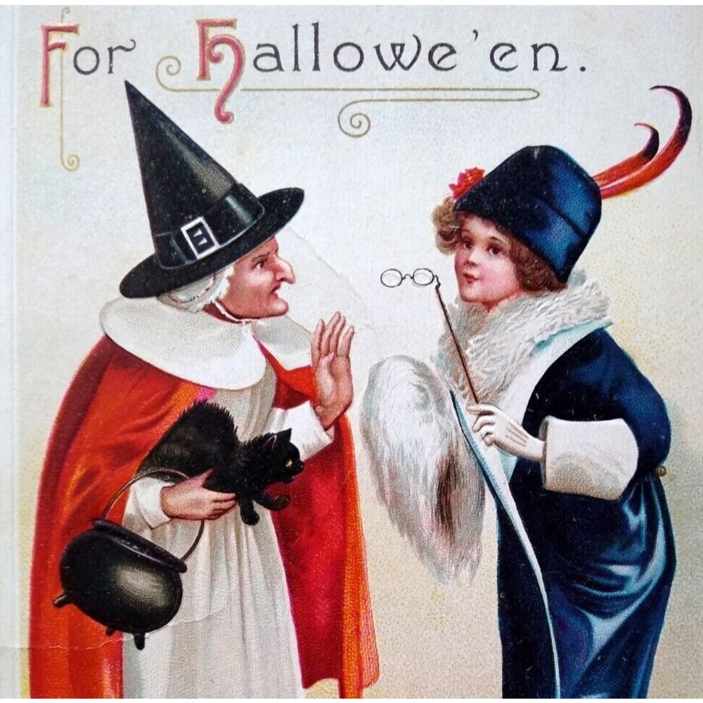 Halloween Postcard Signed Ellen Clapsaddle Old New Style Witches Black Cat 4439